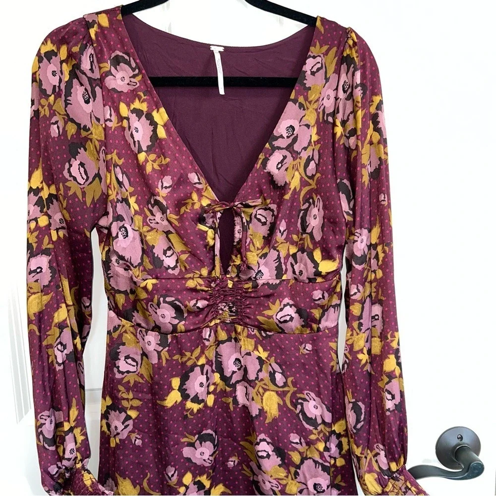 Free People Morning Light Minidress Purple Floral Long‎ Sleeve Size 8